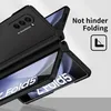 A black protective case for a foldable phone, shown in an open position, with text and a graphic overlay. Produktbild-Vorschau