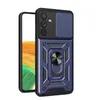 A blue phone case with a camera cover and ring holder is shown against a white background. Produktbild-Vorschau