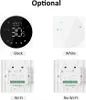 A collage showing four images of a smart temperature controller. The top row shows the front of the device in black and white. The bottom row shows the back of the device, with one labeled 'Wi-Fi' and the other 'No Wi-Fi'. Podgląd zdjęcia produktu