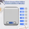 A silver kitchen scale is shown with a cup of coffee and lavender in the background. Text overlays indicate multiple measurement modes and units. Produktbild-Vorschau