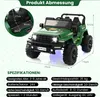 A green electric toy jeep with dimensions and specifications displayed. Náhľad obrázku produktu