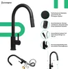 A collage of images showcasing a black kitchen faucet and its features, with descriptive text. Produktbild-Vorschau