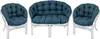 A set of outdoor furniture, including a loveseat and two armchairs, with blue cushions. Produktbild-Vorschau