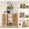 A collage of images showing a bamboo cabinet in different settings, including a bedroom, bathroom, and living room. Produktbild-Vorschau