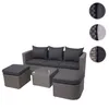 A grey rattan garden sofa set with dark grey cushions and a glass-topped coffee table, displayed on a white background. Produktbild-Vorschau