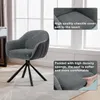 A grey swivel chair with black legs is shown in a room with a window in the background. Insets highlight the chenille cover and padded seat. Produktbild-Vorschau