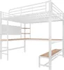 A white metal loft bed with an integrated desk and shelving, shown against a white background. Produktbild-Vorschau