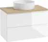 A white basin sits on a wooden countertop of a white cabinet with two drawers. Podgląd zdjęcia produktu
