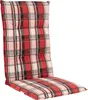 A high chair cushion with a red, white, and black plaid pattern. Voir les images du produit