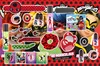 A collage of Miraculous-themed beauty and hair accessories, presented against a red and black polka dot background. Produktbild-Vorschau