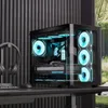 A computer case with RGB lighting on a desk with headphones and a keyboard. Produktbild-Vorschau