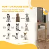 A graphic illustrating different dog breeds and their shoulder height relative to a 60cm measurement, with a product image of a wooden dog gate in the background. Produktbild-Vorschau