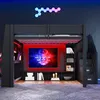 A loft bed with a desk and entertainment center below, illuminated by LED lights. Náhled obrázku produktu