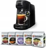 A Bosch Tassimo coffee machine with a cup of coffee and several packs of coffee capsules. Produktbild-Vorschau