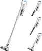 Multiple views of a white cordless vacuum cleaner, including its main body, attachments, and the vacuum in use. Produktbild-Vorschau