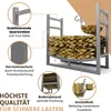 A metal firewood rack filled with logs, with callouts highlighting its features. Podgląd zdjęcia produktu