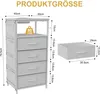 A diagram showing the dimensions of a white fabric dresser with four drawers and side pockets, along with a separate drawer and dimensions for the entire unit and individual drawers. Produktbild-Vorschau