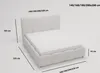 A white upholstered bed frame with a mattress, showing dimensions. Náhľad obrázku produktu