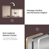 Collage of marketing images for a bathroom mirror, showing its orientation options, frame colors, and mounting capabilities. Anteprima dell’immagine prodotto