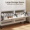 A white shoe cabinet with multiple open shelves displaying shoes. The top section has text overlays. Náhľad obrázku produktu