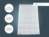 A white duvet is laid out flat against a dark gray background, with three circular informational graphics on the left side and a brand logo in the top right corner. Produktbild-Vorschau