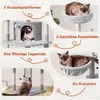 A collage of images showcasing different features of a cat tree, with German text labels. Podgląd zdjęcia produktu