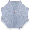 A top-down view of an open beach umbrella with a blue and white striped pattern and white fringe. Produktbild-Vorschau