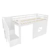 A white loft bed with stairs and a window feature, shown against a white background. Produktbild-Vorschau