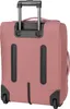 The back view of a pink rolling suitcase with black accents. Voir les images du produit