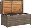 An open storage bench with a wicker-like exterior and a wooden lid interior, filled with cushions or blankets. Anteprima dell’immagine prodotto