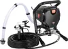 A black and silver airless paint sprayer with a hose and spray gun, set against a white background. Produktbild-Vorschau