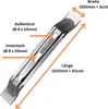 A diagram showing a metal object with dimensions and labels. Produktbild-Vorschau