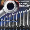A collection of chrome vanadium wrenches of various sizes, with marketing text overlay. Produktbild-Vorschau