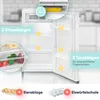 A small white refrigerator with its door open, showcasing its interior shelves and door compartments. Insets highlight specific features like the egg tray and ice cube tray. Produktbild-Vorschau