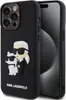 A black iPhone 15 Pro Max case with a 3D Karl Lagerfeld and Choupette design is shown. Produktbild-Vorschau