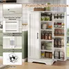 A white kitchen cabinet filled with various food items and kitchenware, with inset images highlighting specific features. Voir les images du produit