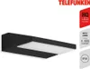A black LED outdoor wall light with a white diffuser, shown mounted on a white background. Information badges are present on the right side. Produktbild-Vorschau
