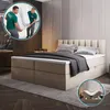 A bedroom scene featuring a boxspring bed, with inset images showing delivery and a bed mechanism. Produktbild-Vorschau