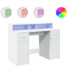A white LED desk with storage compartments and shelves, shown against a white background. There are also circular insets showing different LED color options and a color wheel. Voir les images du produit