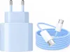 A light blue USB-C wall charger and a light blue USB-C cable are shown against a white background. Produktbild-Vorschau