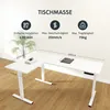 An L-shaped white standing desk with dimensions and features highlighted by text overlays. Náhled obrázku produktu