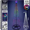 A tall, cone-shaped LED Christmas tree with a star on top, displaying a rainbow of colors. The packaging is partially visible on the left, showing features like remote control and IP44 rating. Podgląd zdjęcia produktu