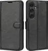A black leather flip case for a smartphone is shown from two angles. Produktbild-Vorschau