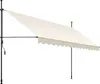 A beige awning with a scalloped edge is extended from a black metal frame mounted on a vertical pole. Náhled obrázku produktu