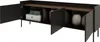 A black three-door sideboard with wooden interior shelves and legs, shown with its doors open to reveal items inside. Produktbild-Vorschau