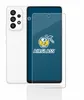 A white smartphone is shown next to a clear screen protector with a blue background and a logo. Produktbild-Vorschau