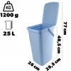 A light blue plastic trash can with its lid open, shown with dimensions and weight information. Produktbild-Vorschau