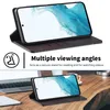 A phone case is shown in two different orientations, demonstrating its stand feature. The top image shows the phone case on a white background, while the bottom image shows it on a wooden surface next to a laptop. Produktbild-Vorschau