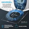 A toilet seat and lid with a blue marble and soccer ball design, with dimensions and feature callouts. Náhled obrázku produktu