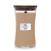 A WoodWick candle with a wooden lid, shown against a white background. Produktbild-Vorschau